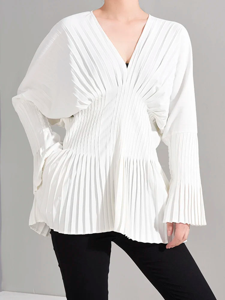 DEAT V-neck Pleated Waist Flare Sleeves Pullover Solid Color Slim Dress