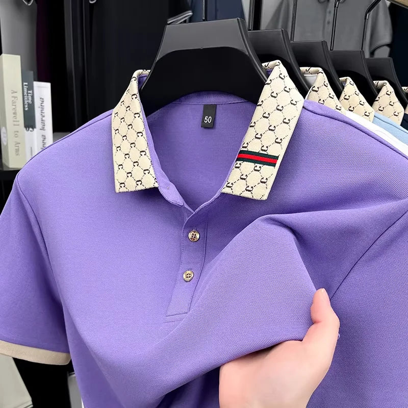 Short-Sleeve Polo with Geometric Print Collar Detail