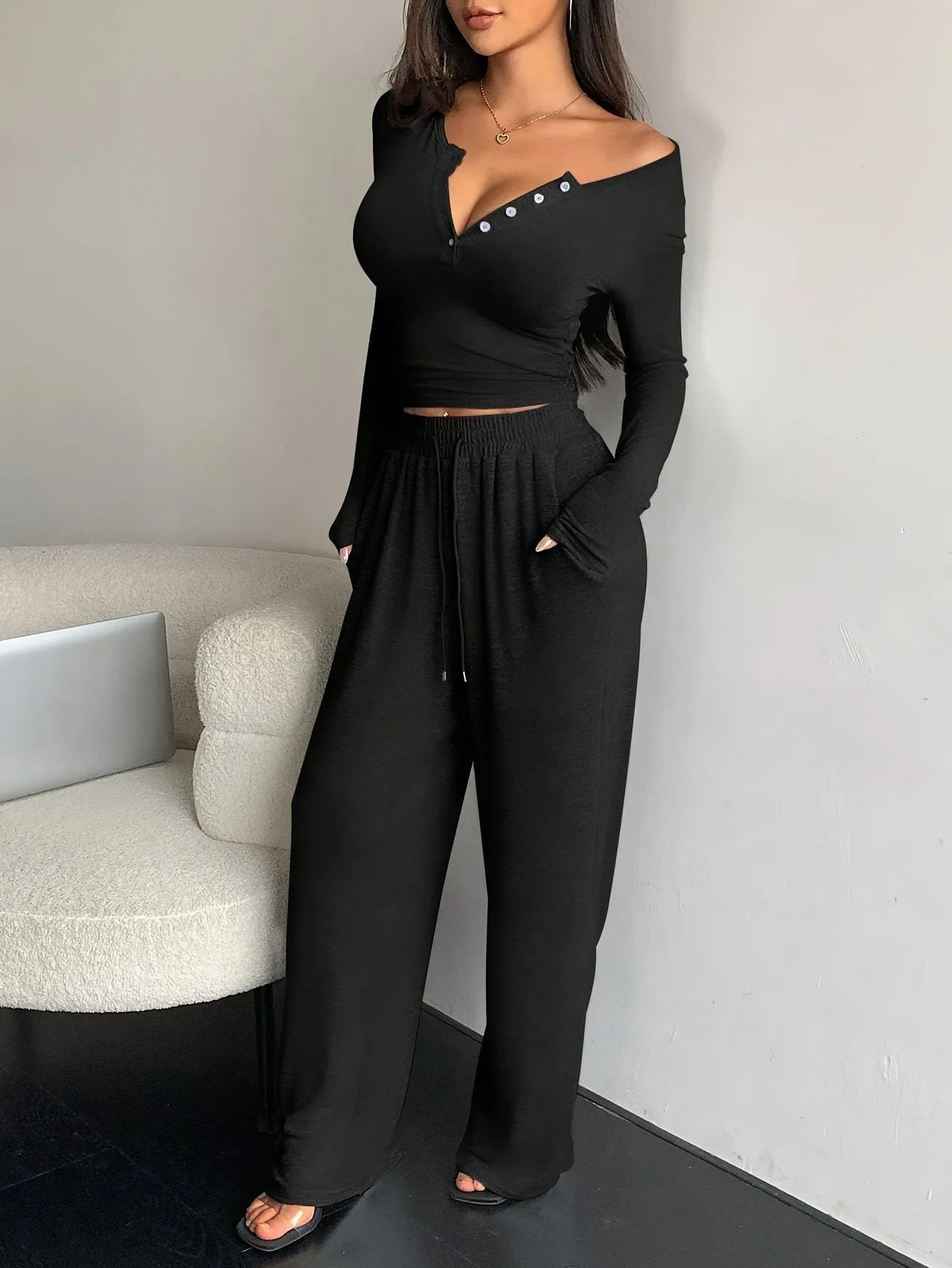 Button Solid Color Long-sleeved Top Drawstring Pocket Wide-leg Pants Women Casual Set