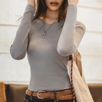 V-Neck Slim Fit Cotton Knit Long Sleeve Tee