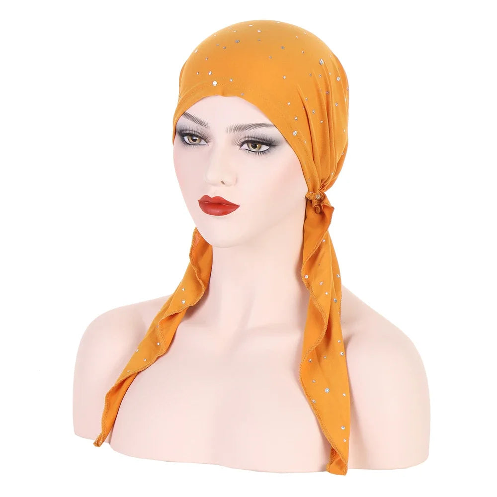 Shiny Glitter Elastic Solid Color Pre-Tied Hijabs Wrap Head Scarf Muslim Turban Bonnet for Women Inner Hat Turbantes Caps Mujer