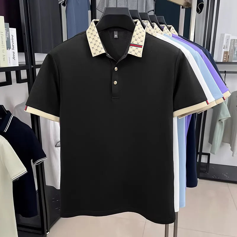 Short-Sleeve Polo with Geometric Print Collar Detail