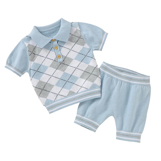 サマーベビー男の子ジェントルマンスタイル服セット ファッション ブルー 半袖 タートルネックTシャツ+ショートパンツ 幼児用コットン服 0-18ヶ月