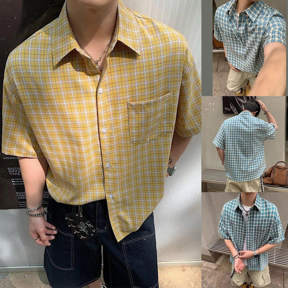 Plaid Lapel Short Sleeved Shirt