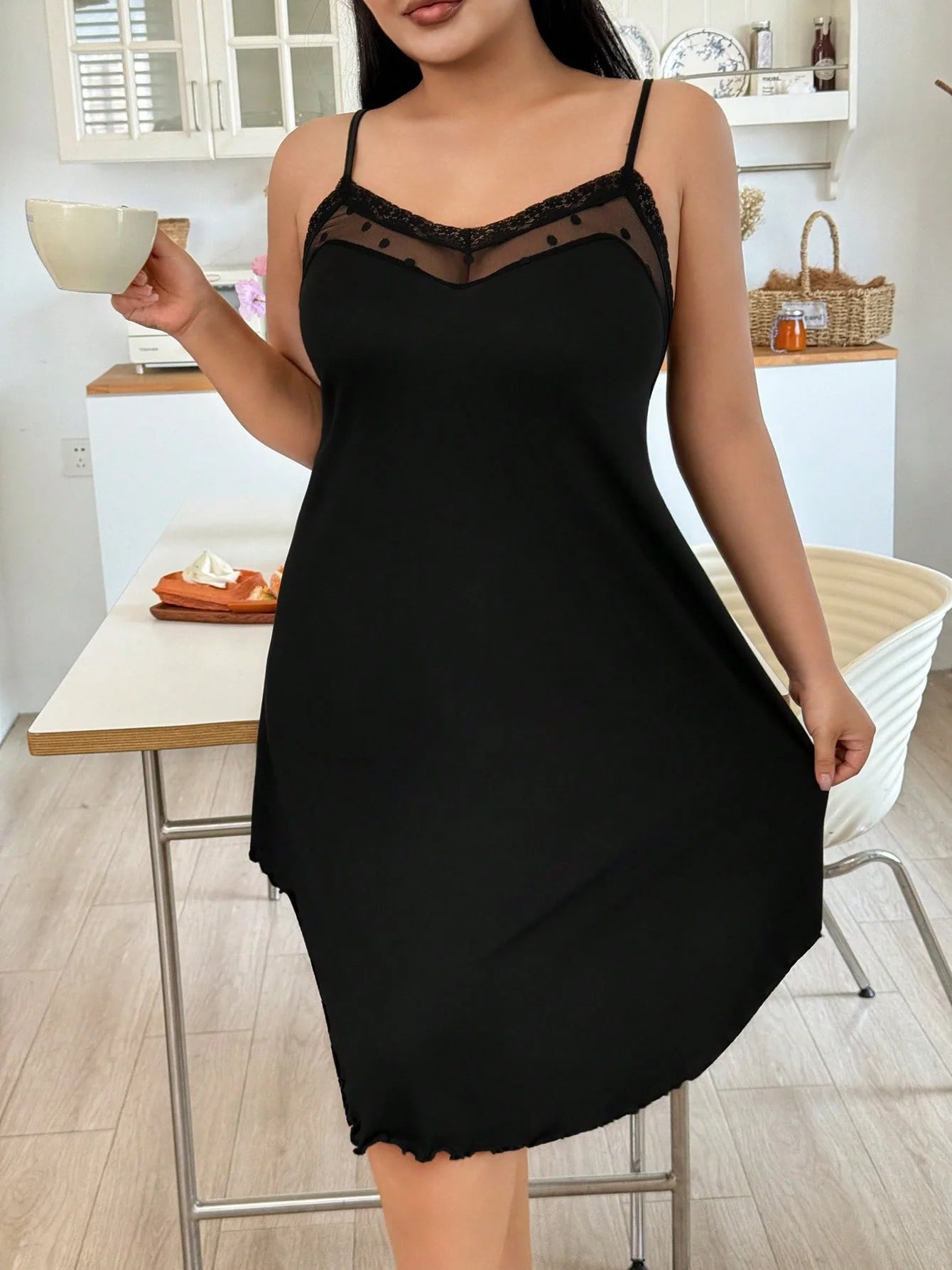 Women's Plus Size Elegant Loose Solid Lace Splicing Backless V-Neck Cami Nightdress Loungewear