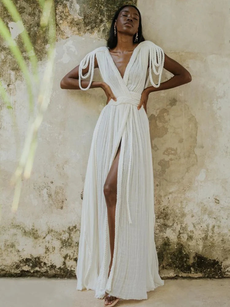 Strap Off Shoulder Hanging Neck Woven Rope Dress