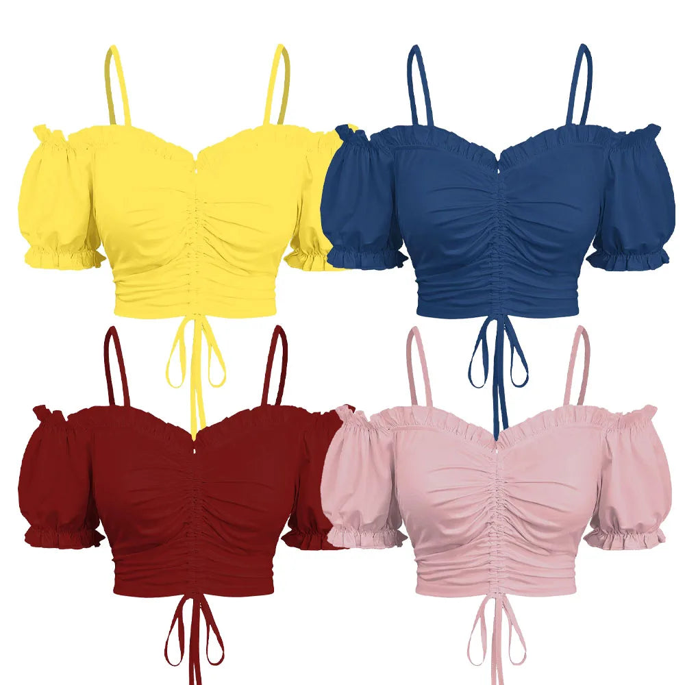 Cold Shoulder Puff Sleeves Cinched Ruffles Cropped Tops Solid  Women Summer Casual Cami Top XS-3X