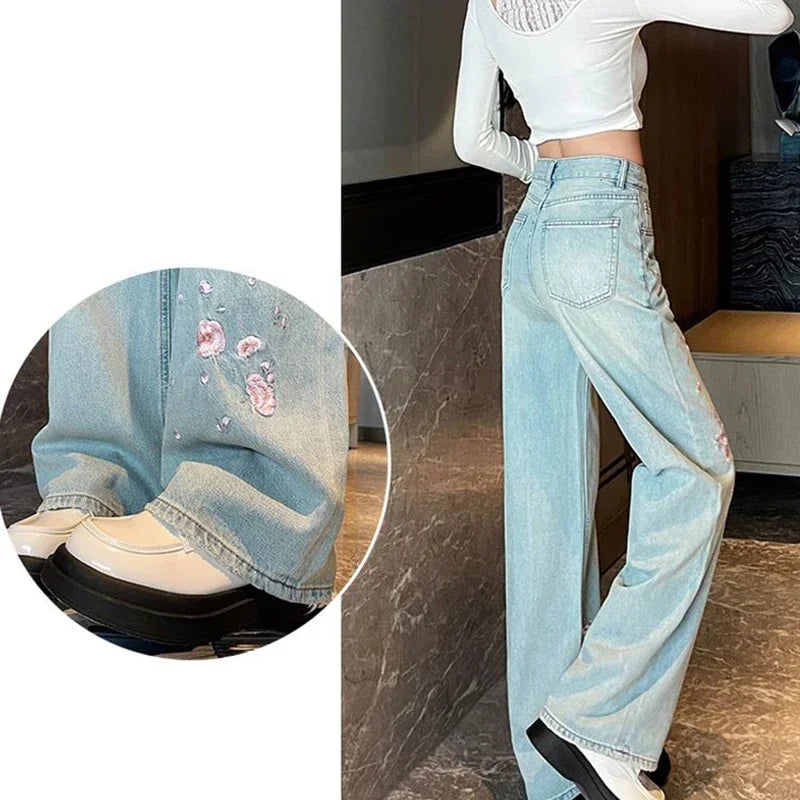 Pink flower embroidered jeans