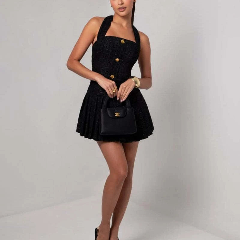 Tweed Halter Mini Dress with Gold Buttons