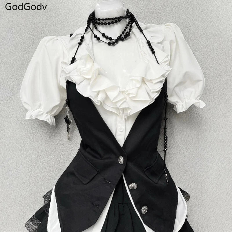 Vest + Bow Chic Blouse + High Waist Skirt Set