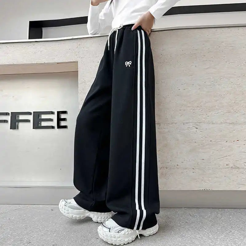 Side Striped Junior Girl Sports Pant Elastic Waist School Girl Straight Pant Dog Print Trouser