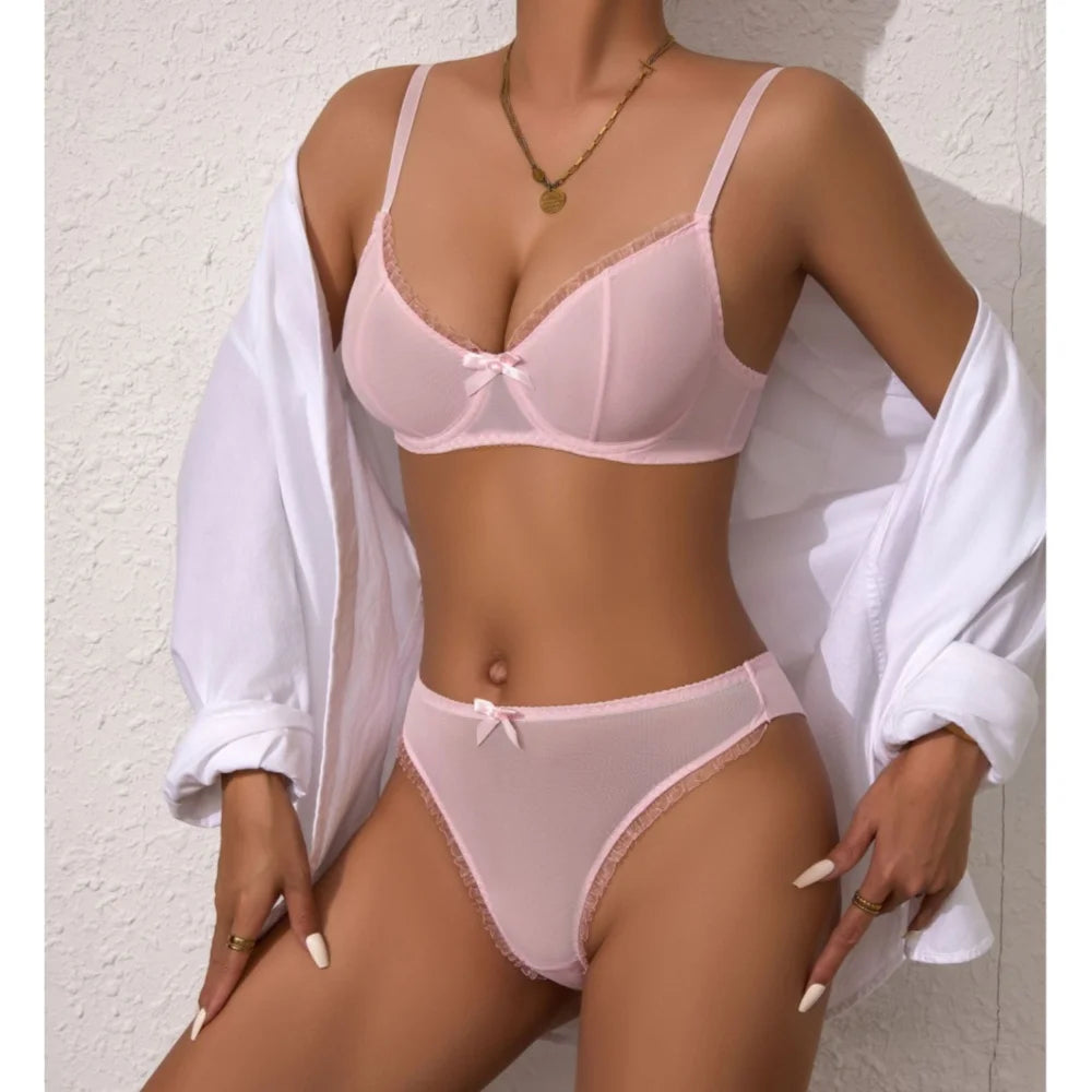 Krasapt Sexy Mesh See-through Lingerie Two Piece Sets Woman Ruffles Bow Bra And Briefs Set Exotic Intimates Outfits Onlyfans Kit