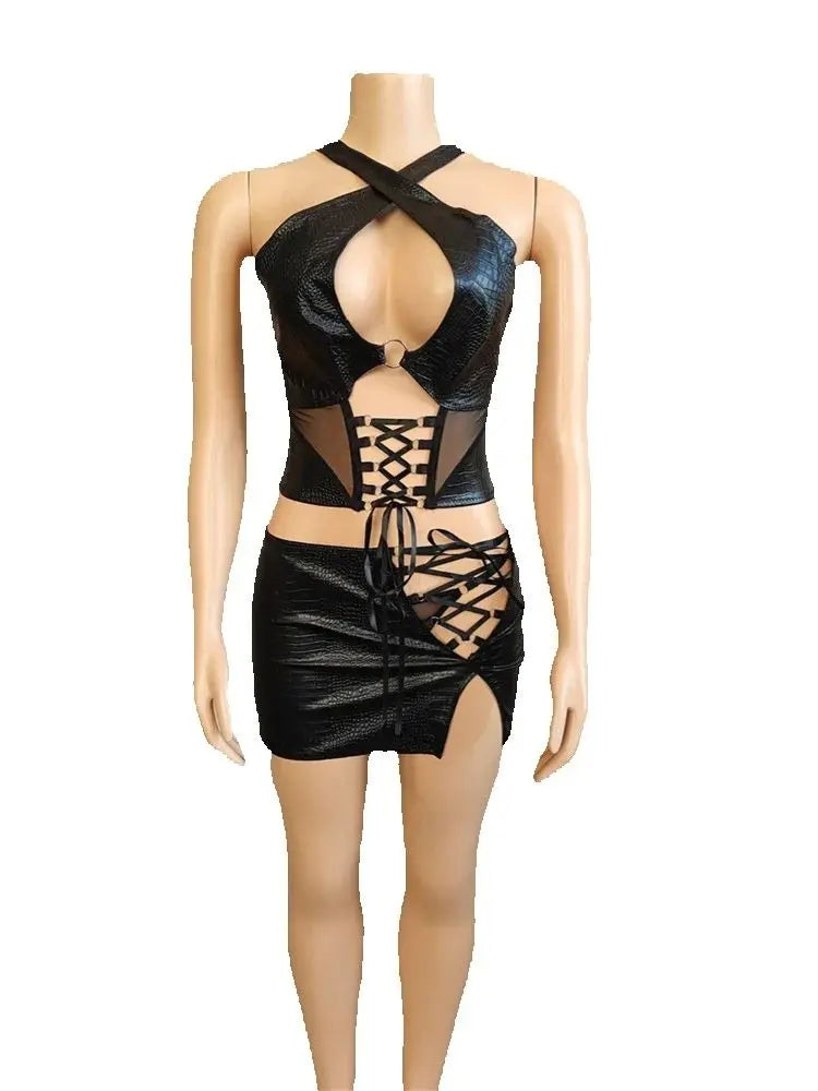 Nibber Halter Hollow Backless Mesh Patchwork Top + Irregular Peach Hip Split Skirt Set