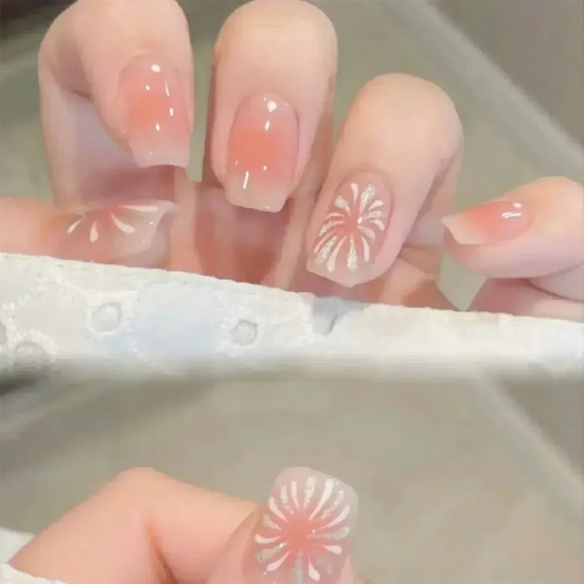 24Pcs Pink Ballet False Nails Long Coffin with Rhinestone Love Heart Wearable Fake Nails Full Cover Press on Nails Tips Glitter