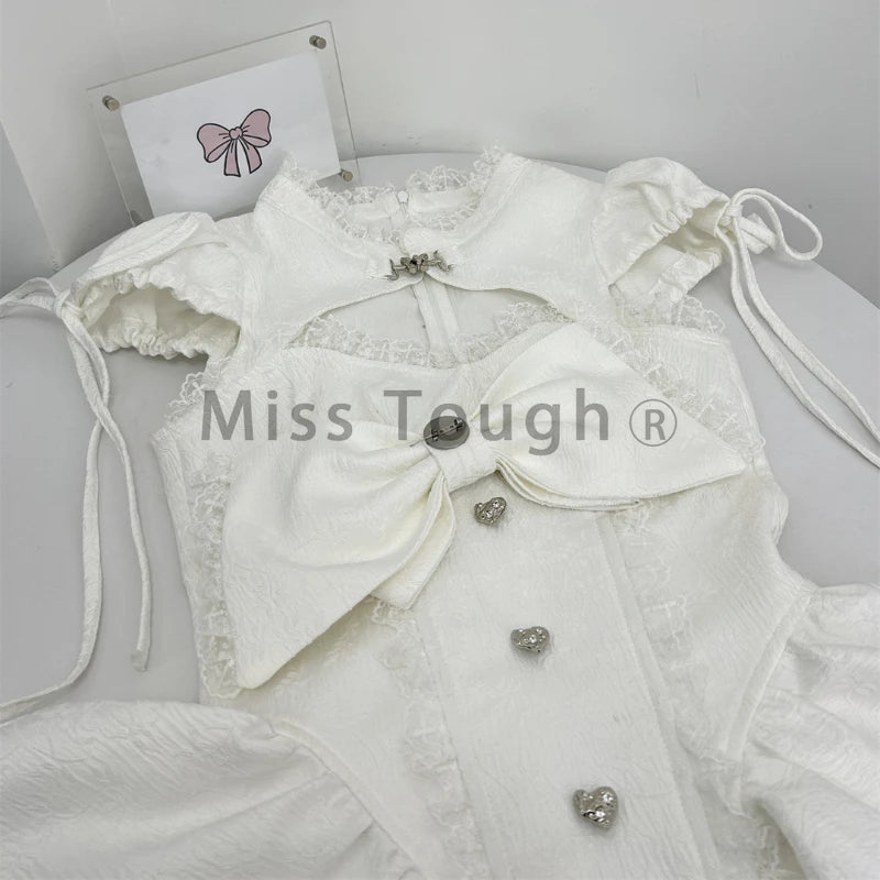 High-Neck Keyhole Cutout Corset Top and Tiered Ruffle Mini Skirt with Oversized Bow