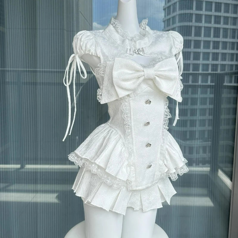 Lace Patchwork Bow Top + Mini Cake Skirt