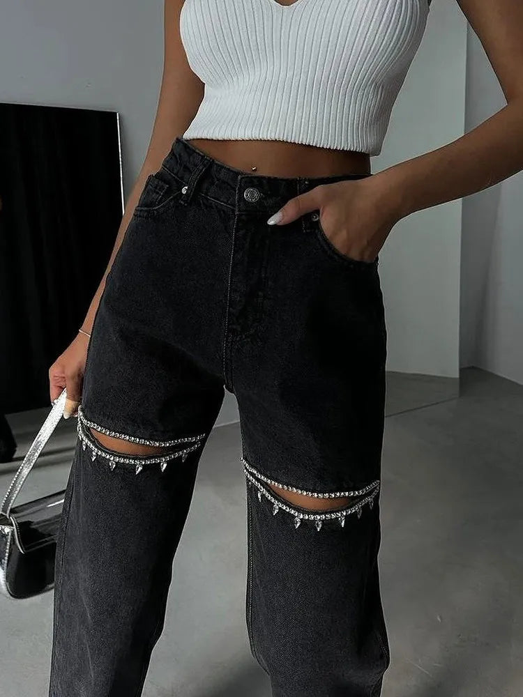 TWOTWINSTYLE Hollow Out Patchwork Diamonds Jeans