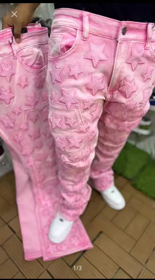 Pink Star Embroidery Spliced Denim Jeans