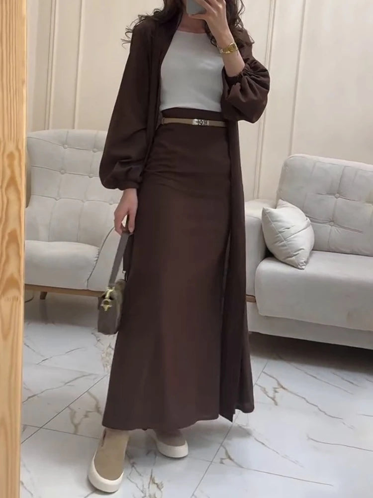 Eid Women Abaya with Skirt 2 Piece Set Muslim Dubai Vestidos Largos Party Caftan Jalabiya Ramadan Kaftan Arab Long Skirt 2025