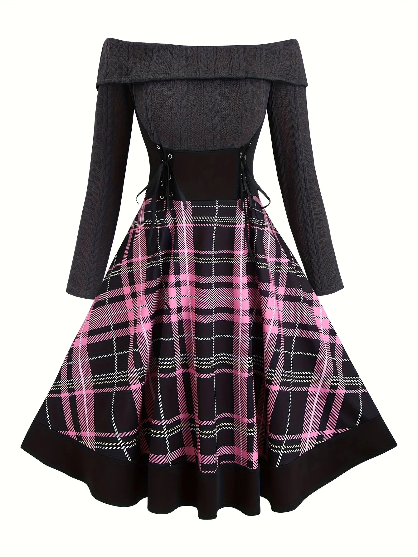 Off-Shoulder Cable Knit and Plaid Corset Dress
