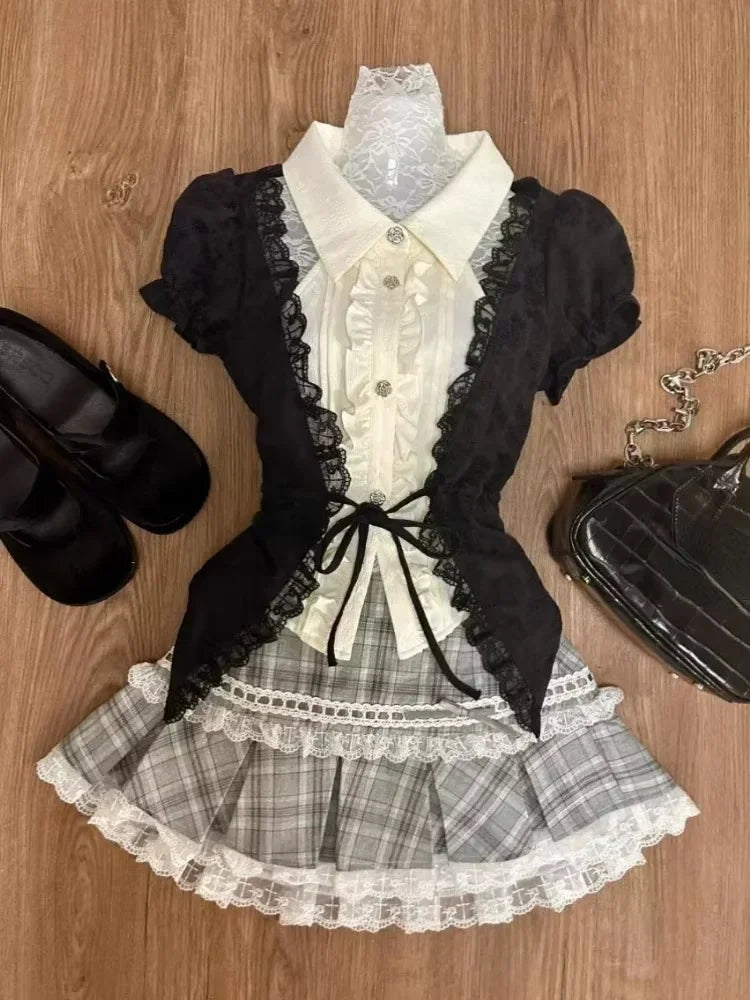 Lace Bow Slim Crop Tops + High Waist Mini Skirt Set