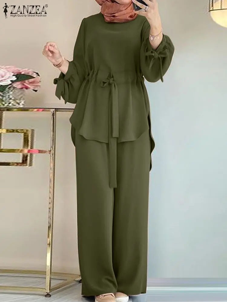 2024 ZANZEA Women Long Sleeve Blouse Pant Suits Fashion Abaya Hijab Tracksuits IsIamic Clothing 2PCS Vintage Autumn Muslim Sets