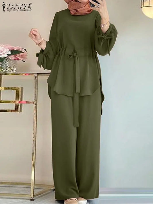 2024 ZANZEA Women Long Sleeve Blouse Pant Suits Fashion Abaya Hijab Tracksuits IsIamic Clothing 2PCS Vintage Autumn Muslim Sets