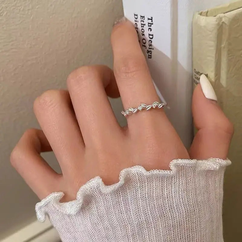 925 Sterling Silver Zircon Ear of Wheat Adjustable Ring