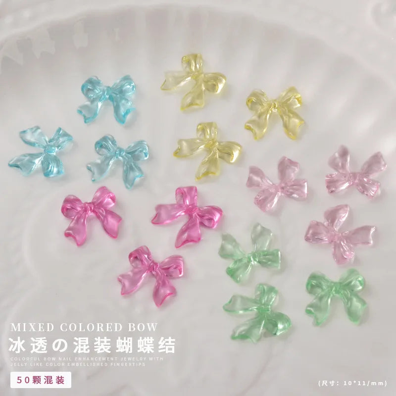 50PCS Aurora Acrylic 3D Nail Art Bow Charm For Nails Decoration Design Kawaii Manicure Accessories Bow-knot DIY Craft Supplies