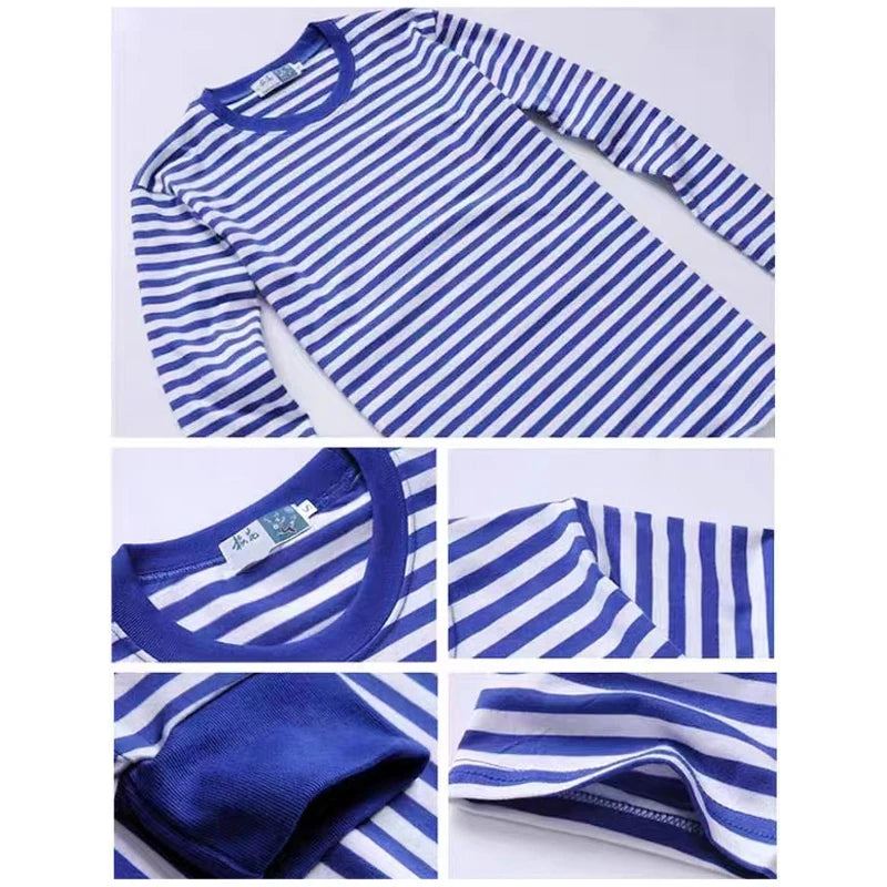Blue and White Striped Long-Sleeve Crewneck Shirt