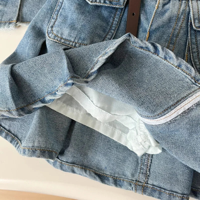 Sleeveless Fringed Vest and Pleated Skirt Denim Two-Piece Set