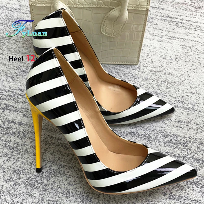 Black And White Striped High Heels