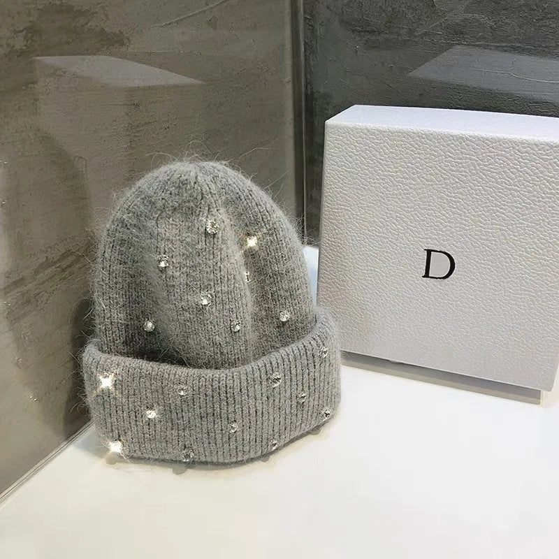 Luxury Rhinestone Rabbit Hair Knitted Beanie