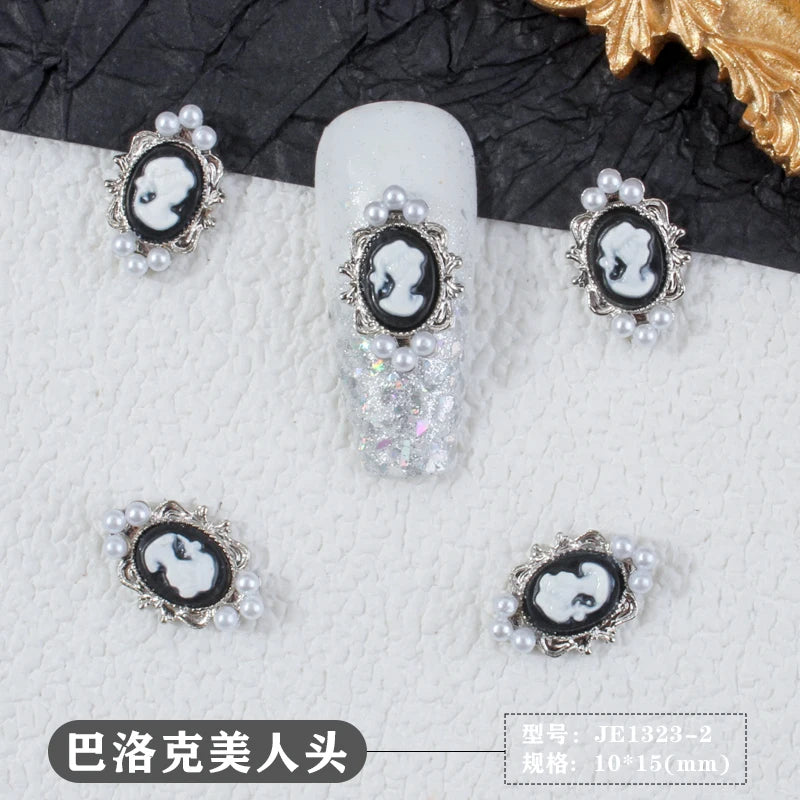 10Pcs Retro Baroque Gril Nail Art Charm 3D Emboss Black White Girl Head Nail Decoration Gold/Silver Metal Edging Nail Jewelry &*
