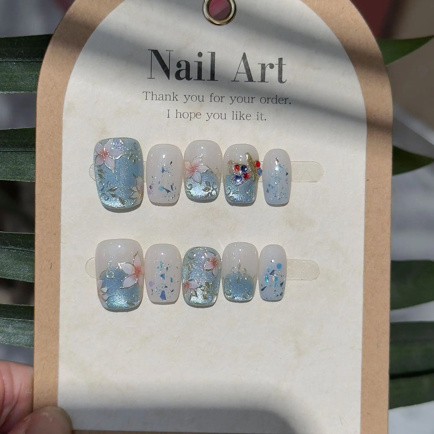 10pc Blue Cat Eye Handmade Press on Nails Flower Fake Nails False Nails Artificial Nail Wearable Detachable Nail Tips Art Uñas