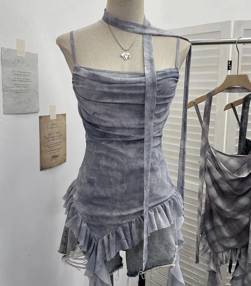 Plaid Printed Mesh Spaghetti Strap Camisole