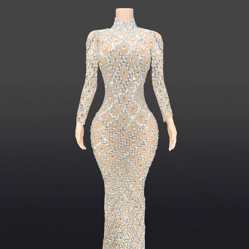 Sparkly Big Rhinestone Transparent Long Dress