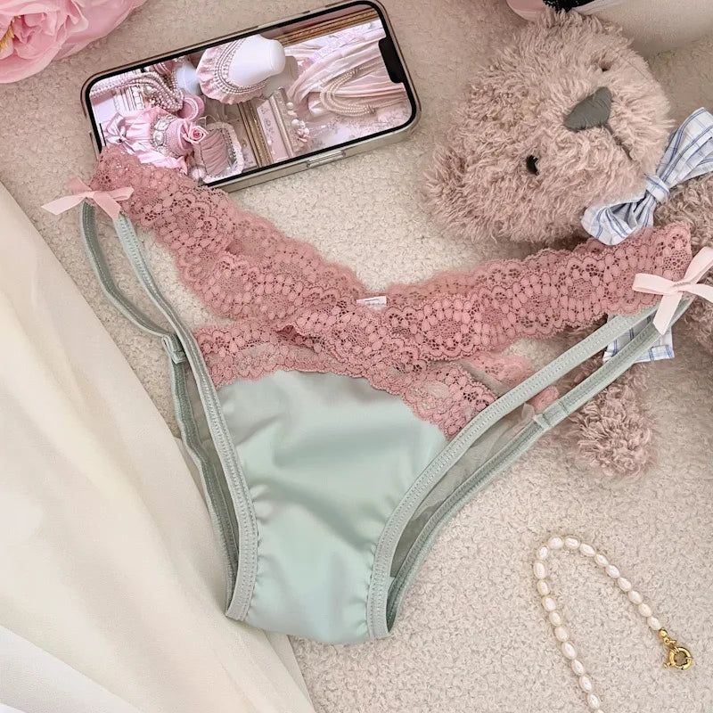 SP&CITY Cross Belt Lace Transparent Sexy Women's Underpants Low Waist Mesh Hollowed Bow Panties Cotton Crotch Breathable Briefs
