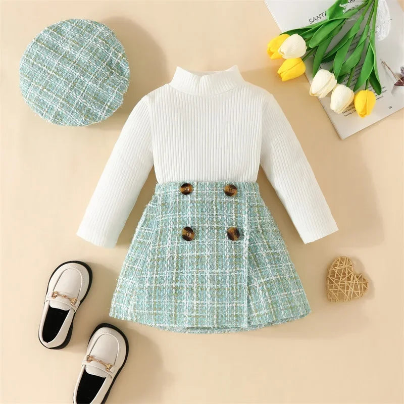 Long Sleeve Tops Plaid Pattern Skirt Beret 3 Piece Set