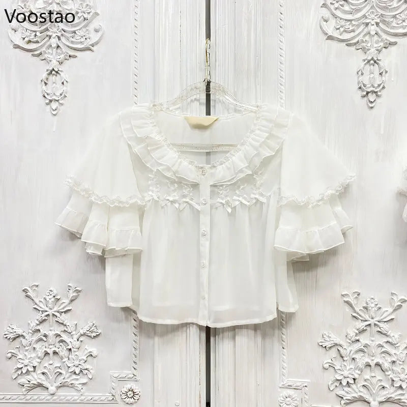Bow Lace Ruffles O-Neck Short Shirt