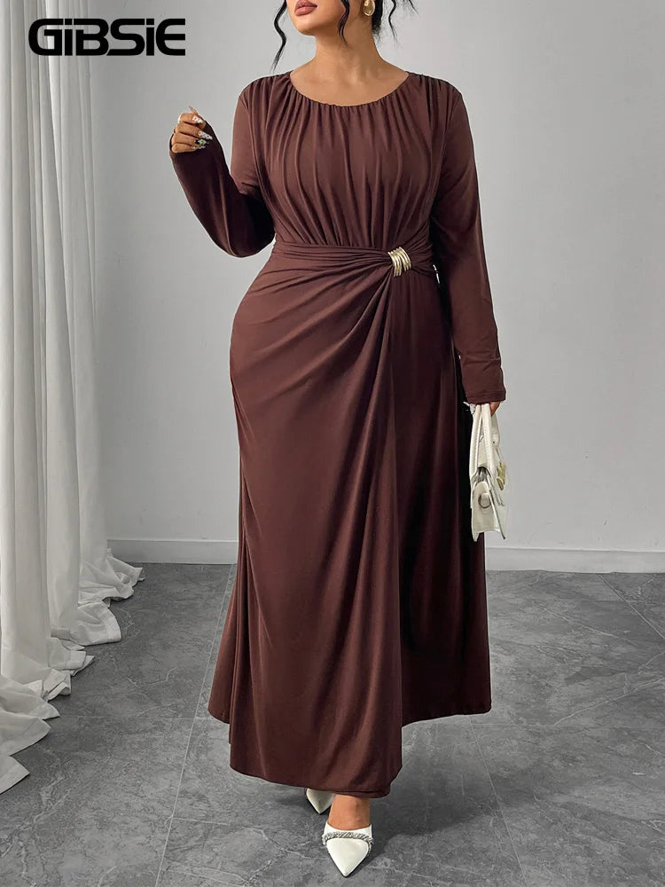 GIBSIE  Pleated O-Neck Long Sleeve Maxi Dress
