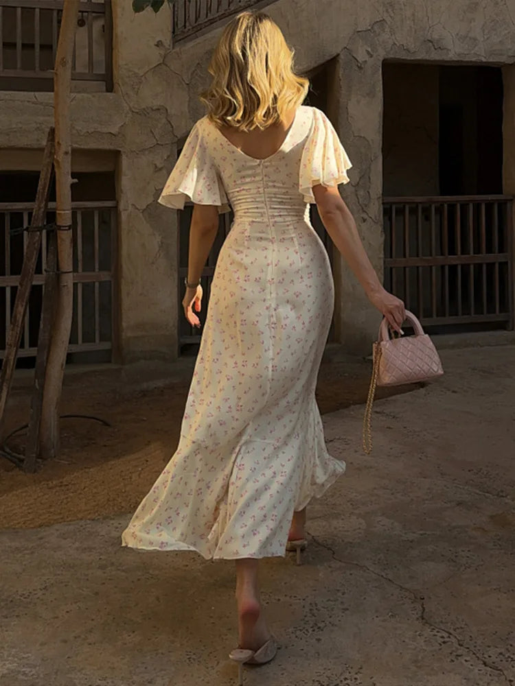 Print Long Ruffle Pleated Short Sleeve V-Neck Dress