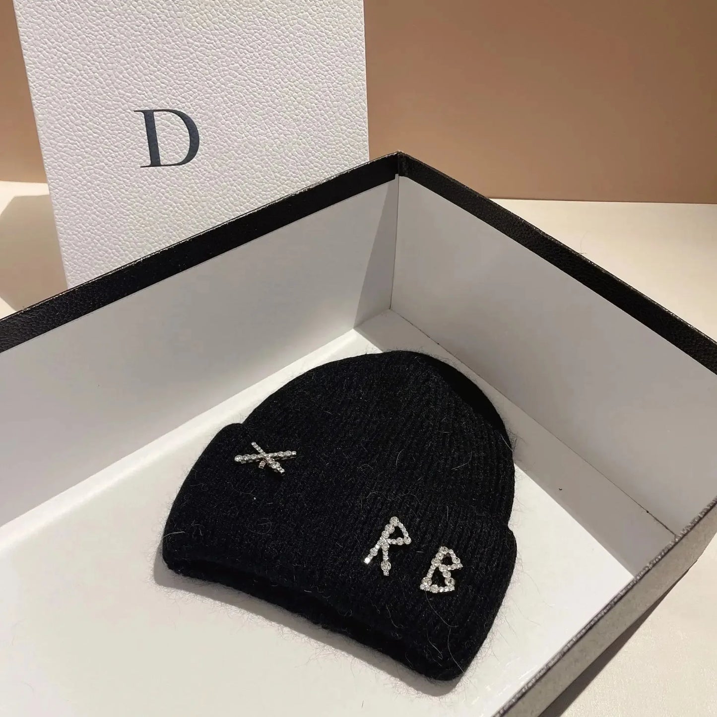 Real Rabbit Fur Diamonds Letter Beanie