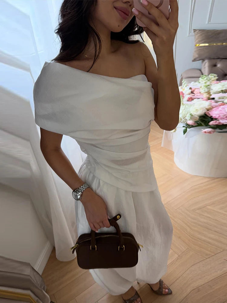Off-Shoulder Draped Top & Tapered Pant Set