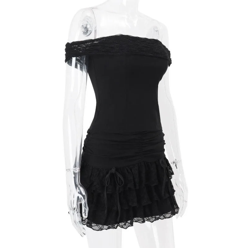 Off Shoulder Slash Neck Crop Tops+ Low-Waist Cascading Ruffles Mini Skirt Set