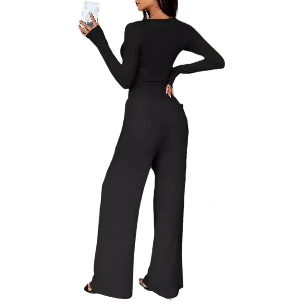 Button Solid Color Long-sleeved Top Drawstring Pocket Wide-leg Pants Women Casual Set