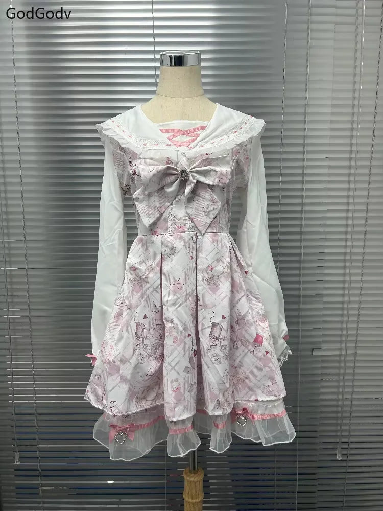Spring Printed Bow Fake Two Piece Dress