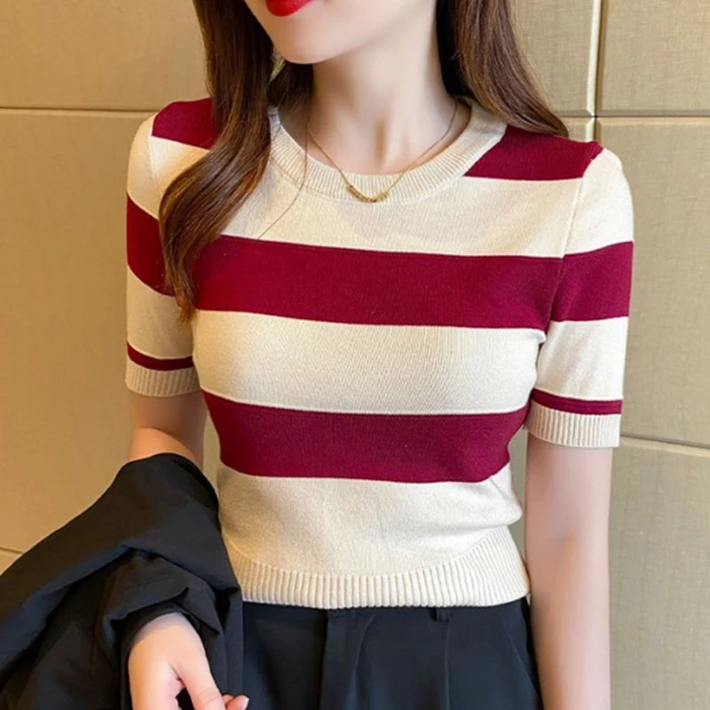 Striped O Neck Pullover Tee