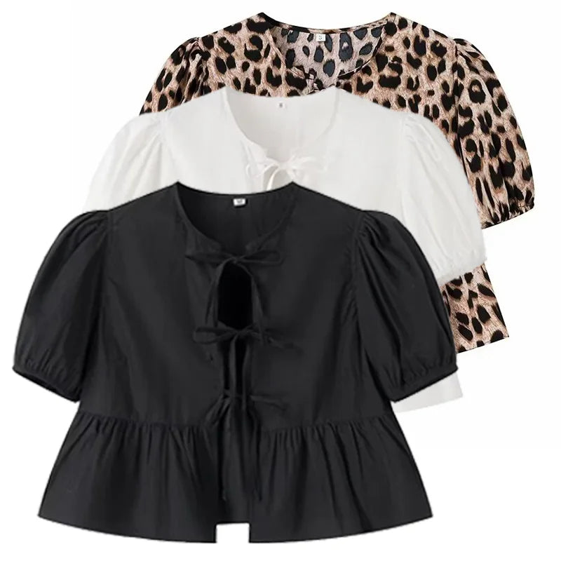 HXAO Frill Loose Fit Top Short Sleeve Crop Lace-Up Blouse