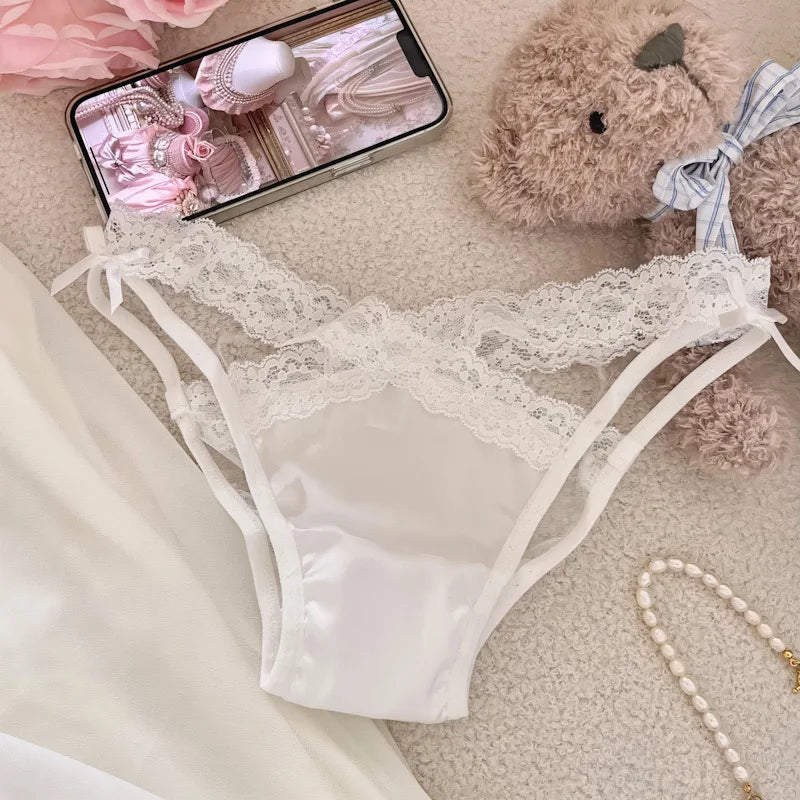 SP&CITY Cross Belt Lace Transparent Sexy Women's Underpants Low Waist Mesh Hollowed Bow Panties Cotton Crotch Breathable Briefs